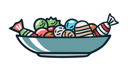 Colorful assortment of candies displayed in a light blue bowl on a neutral background creating a cheerful atmosphere