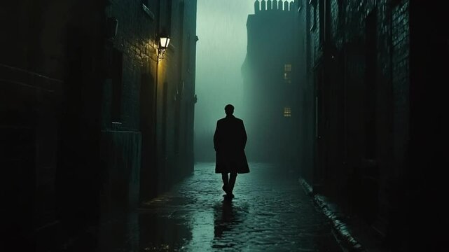 Solitary figure walking down a rainy alleyway with dim lighting and vintage architecture