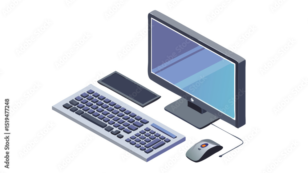 Poster workspace setup featuring a computer monitor, keyboard, mouse, and smartphone in a modern design
