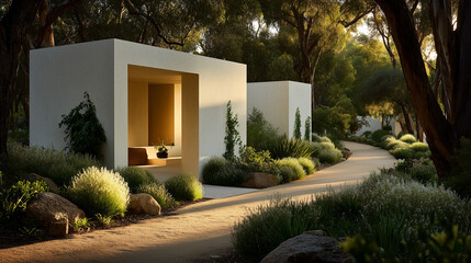 Modern suburban home with clean lines in golden light, conveying serene contemporary living