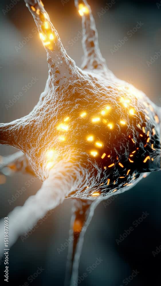Poster close-up view of a glowing neuron network firing electrical signals, representing brain activity or 