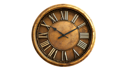 Elegant Golden Wall Clock with Roman Numerals Isolated on Tranasparent Background