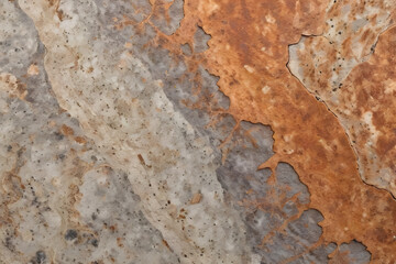 A rock with a brown and white pattern. The brown part is more prominent than the white. The rock has a rough texture and he is weathered