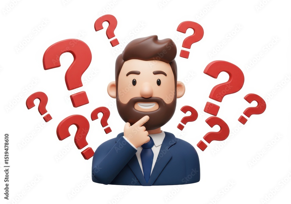 Poster 3d illustration of cartoon man in suit surrounded by question marks isolated on white background rep