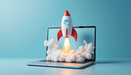 Launching rocket from laptop screen illustrates startup growth and innovation