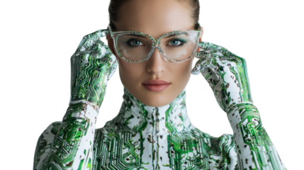 A futuristic woman adjusts her glasses, wearing a tech-inspired outfit with circuit patterns, showcasing innovation and style.