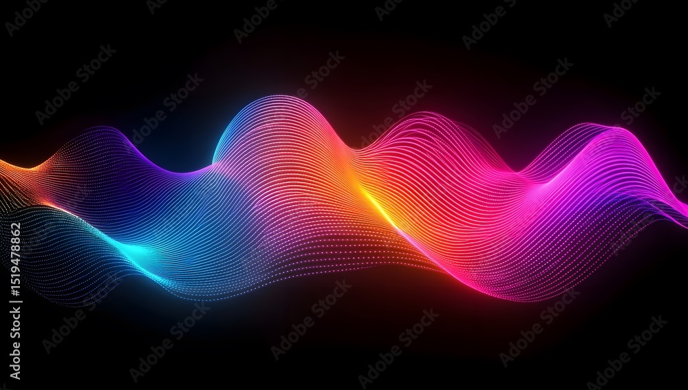 Poster abstract background with colorful neon wavy lines, glowing stripes on a black backdrop. digital art 