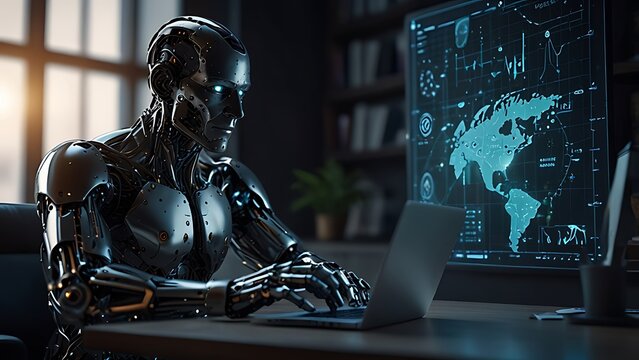 AI agent supporting business processes with automation technology. Generative artificial intelligence analyzing data and predicting future. Businessman using laptop computer.