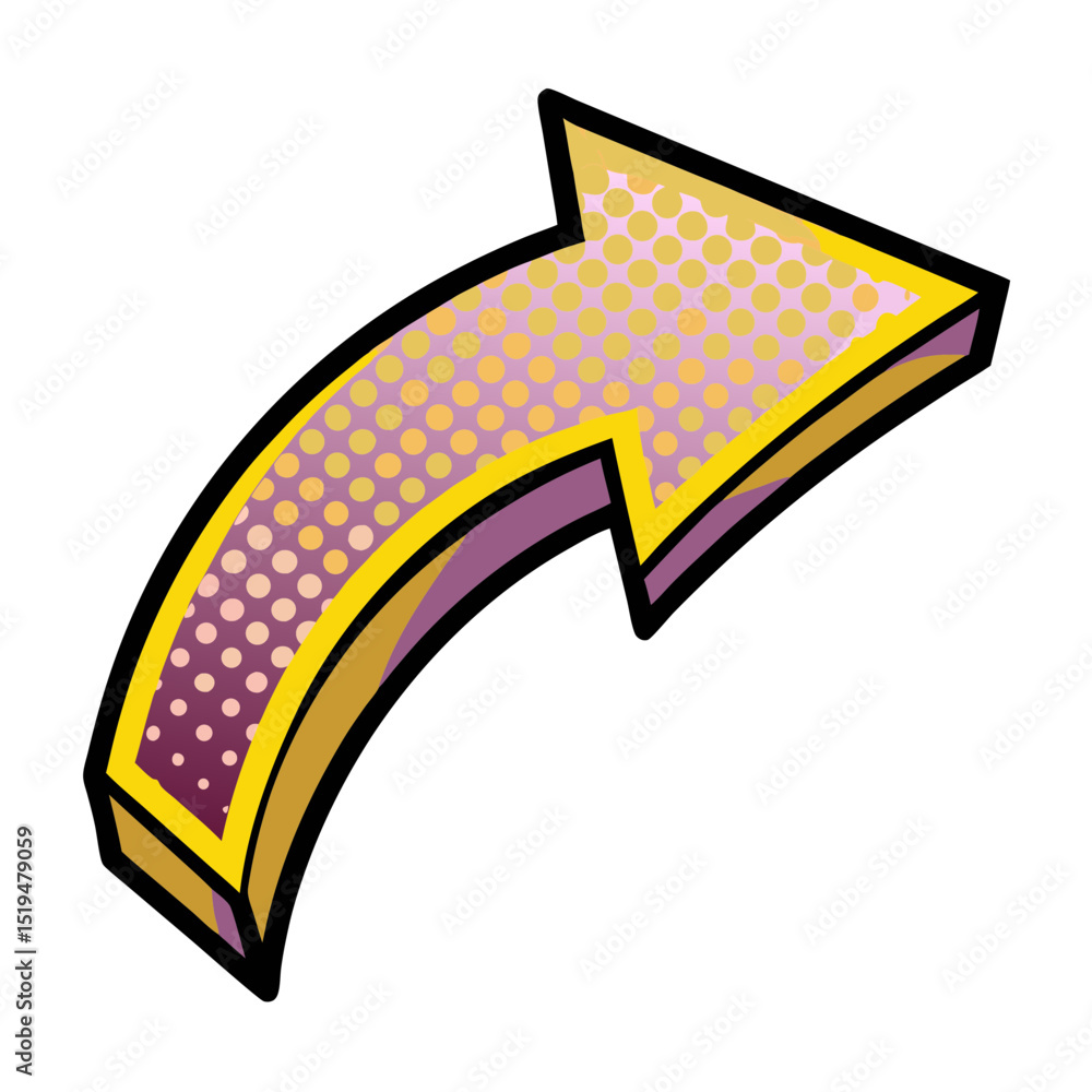 Poster curved yellow arrow in pop art style with halftone pattern, transparent background