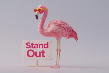 A vibrant flamingo in a retro sunglasses holding a sign saying "Stand Out" on a white backdrop.