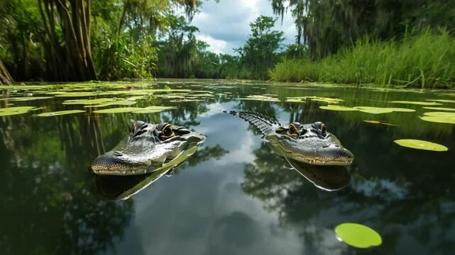 American alligators swimming in the bayou, nature scene with wildlife and lush vegetation