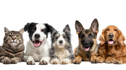 Fototapeta na wymiar A group of happy pets including a tabby cat and four dogs, all looking cheerful and friendly.