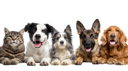 A group of happy pets including a tabby cat and four dogs, all looking cheerful and friendly.