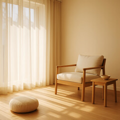 Minimalist and serene interior design of a living room with natural sunlight and wooden furniture.