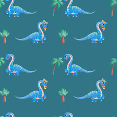 Seamless pattern with dinosaurs and palm trees on a blue background. Vector illustration for the design of postcards, clothing, textiles, banners, posters