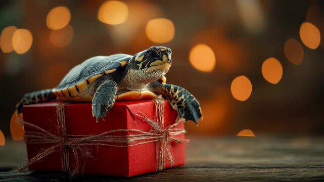 Festive Turtle on a Christmas Gift Box