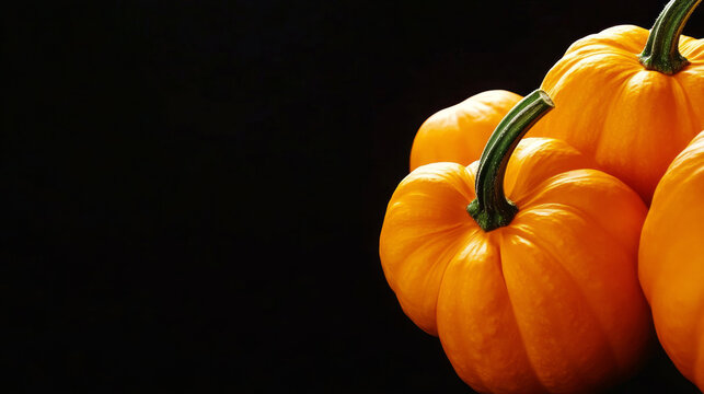 Three miniature pumpkins bask in shadowy solitude, heralding Samhain's mystical charm and Thanksgiving's abundant harvest in vivid orange