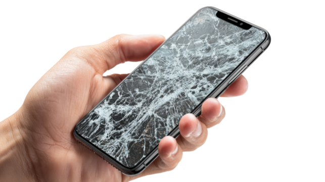 A hand holding a smartphone with a cracked screen, highlighting mobile device damage in a modern context.