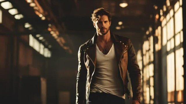 Confident man in leather jacket walks purposefully in industrial setting with focused gaze