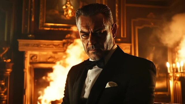 Determined man in tuxedo against fiery backdrop, embodying strength and resilience