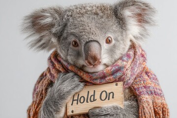 A stylish koala in a patterned scarf holding a sign reading "Hold On" on a white background.
