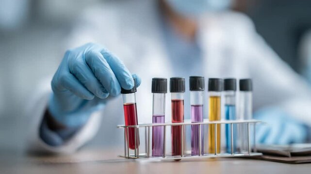 PFAS concetps , Laboratory technician conducting research with colorful liquids test tubes, showcasing precision science