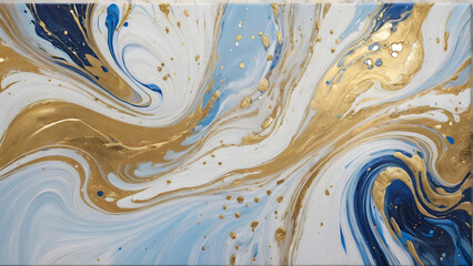 A painting of a blue and white swirl with gold accents. The painting has a dreamy, ethereal quality to it, with the blue and white colors blending together in a way that creates a sense of movement