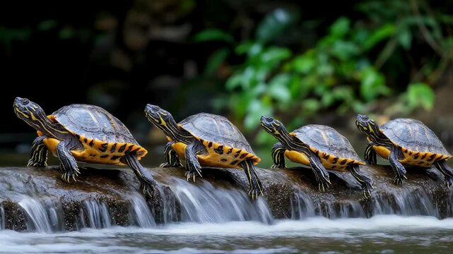 Four Turtles Crossing a Waterfall Teamwork in Nature