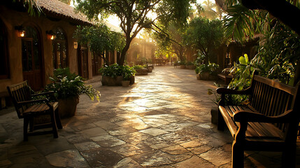 Obraz premium Sunlit Courtyard Path With Wooden Benches