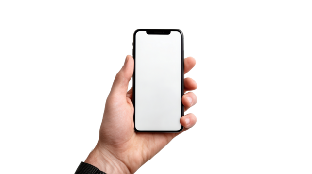 A person's hand holding a modern smartphone with a blank screen, perfect for displaying apps or messages.