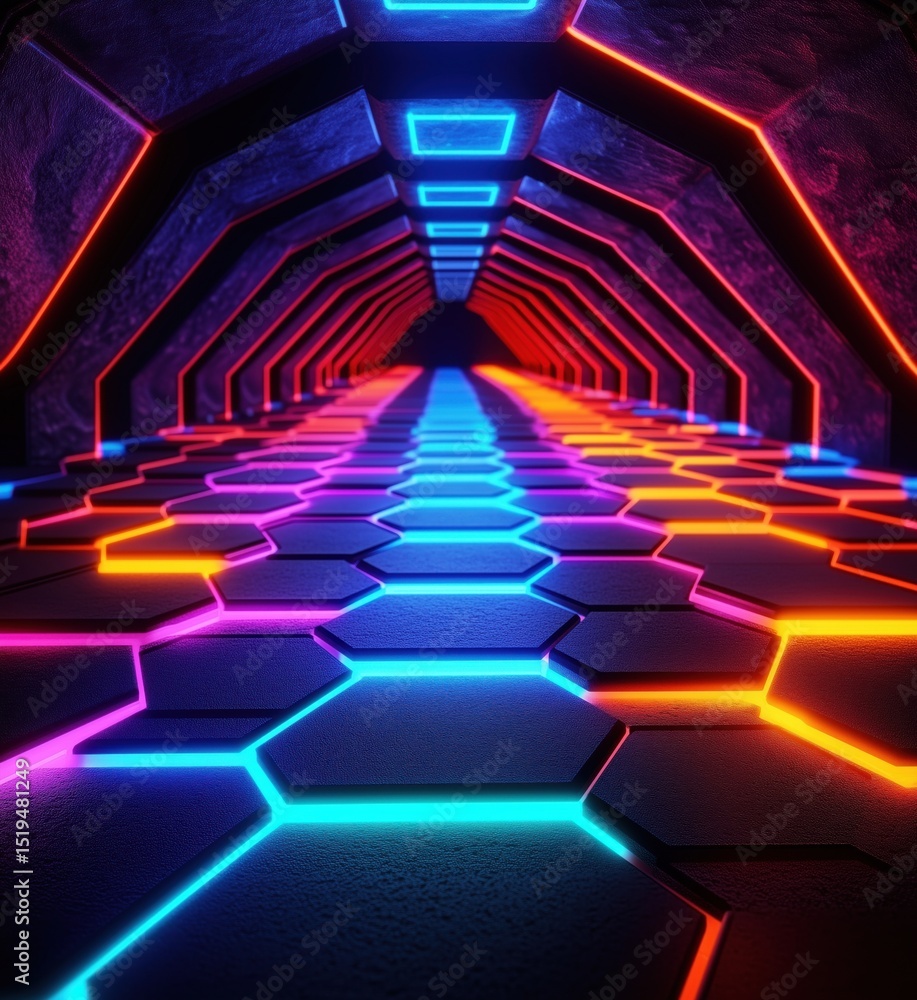 Aufkleber futuristic neon-lit tunnel with hexagonal patterns and vibrant colors