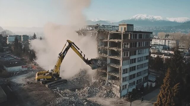 Building demolition with heavy machinery amid urban landscape, creating a cloud of dust