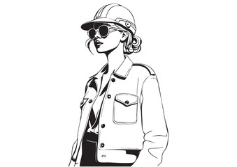 Single continuous sketch drawing of young female architect. Professional work job occupation. Woman engineer