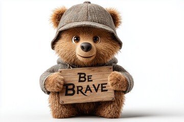 A cheerful bear in a stylish cap holding a board with "Be Brave" on a clean white background.