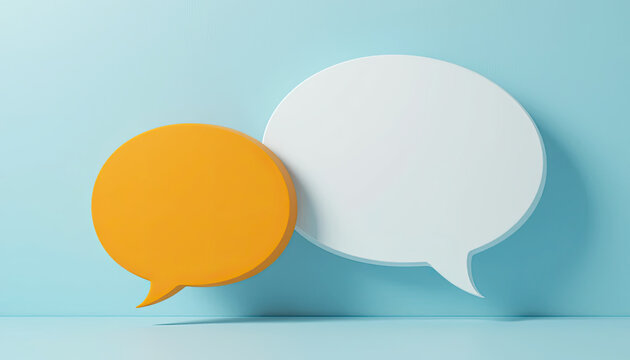 Two colorful speech bubbles against a light blue background representing communication and ideas