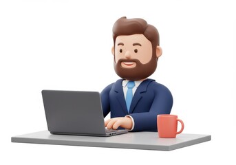 3D Illustration of Cartoon businessman working on laptop with coffee cup isolated on white background, showcasing modern office life