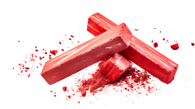 Vibrant Red Chalk Pieces Exploding with Flying Dust Isolated on Tranasparent Background