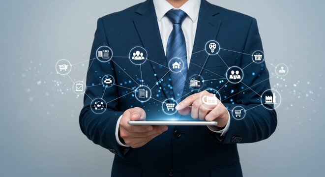 Businessman's hand touches a virtual screen displaying social network icons, illustrating the concept of digital business communication - Powered by Adobe