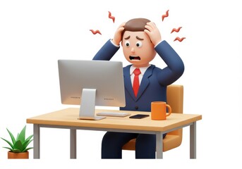 3D Illustration of Stressed businessman sitting at desk with computer and office supplies isolated on white background, feeling overwhelmed
