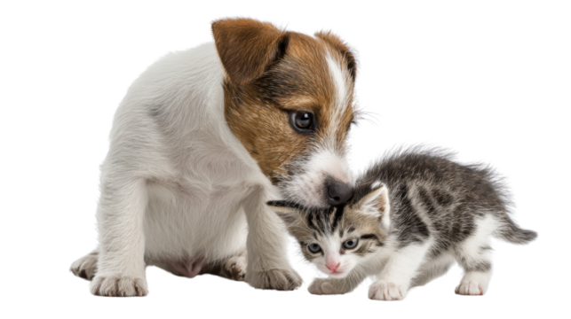A playful puppy and a curious kitten interacting in a joyful scene.