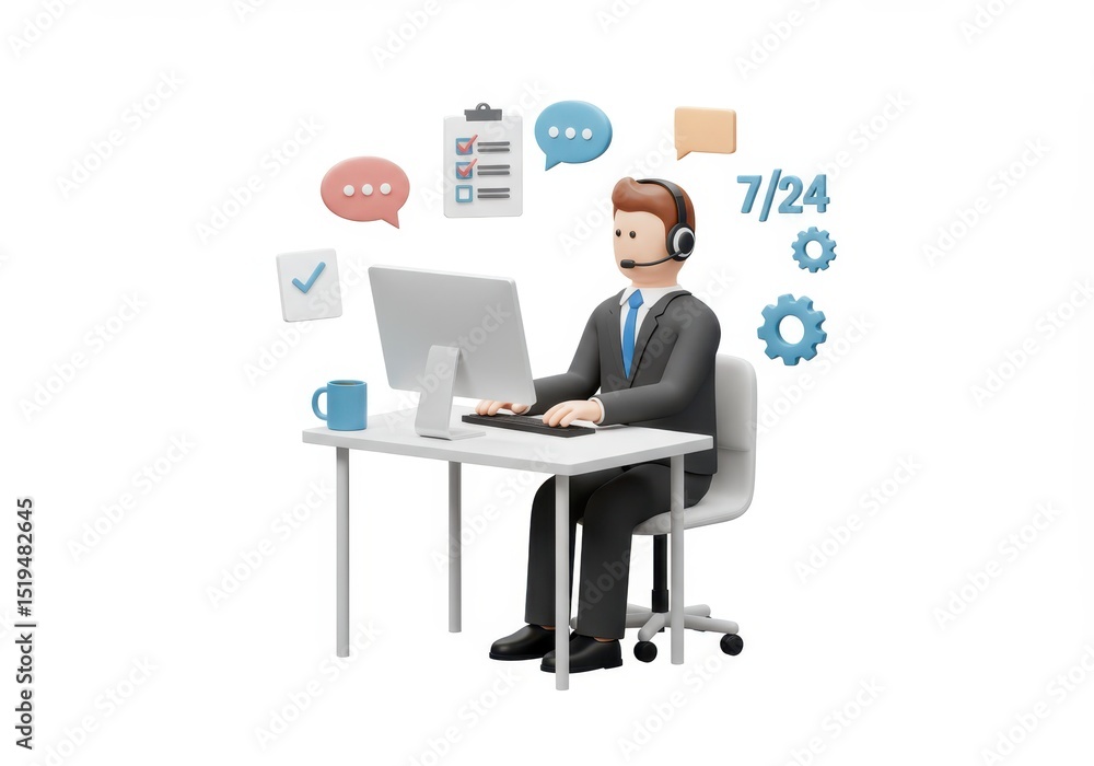 Poster 3d illustration of 3d rendering of customer service representative at desk with computer and icons i