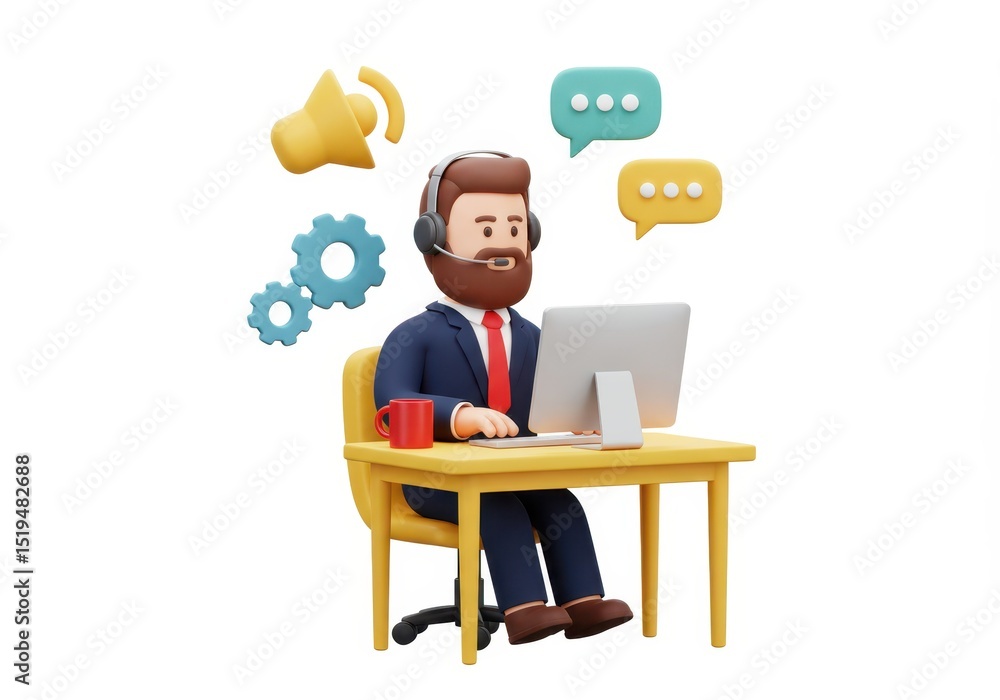 Poster 3d illustration of customer service representative at desk with computer headset and communication i
