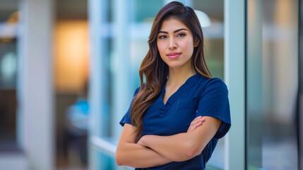 Confident young female healthcare professional standing with arms crossed. Represents modern medicine, strength, and dedication in the medical field.
