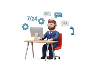 3D Illustration of Cartoon customer service representative with headset sitting at desk with computer and chat bubbles isolated on white background