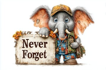 A cartoonish elephant in a funky vest holding a sign that reads "Never Forget" on a clean white space.