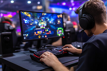 Gaming setup featuring a controller and headset in action at an event