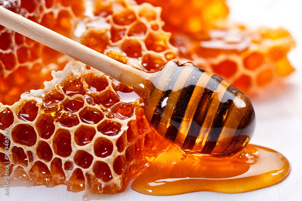 Poster close-up view of honeycomb with honey flowing from the cells