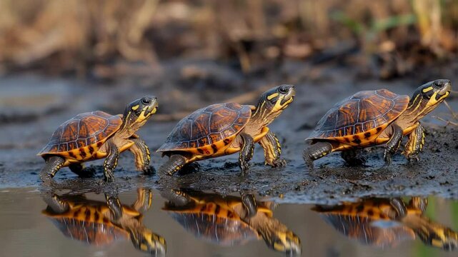 Three Baby Turtles Walking in a Row Reflecting in Water
