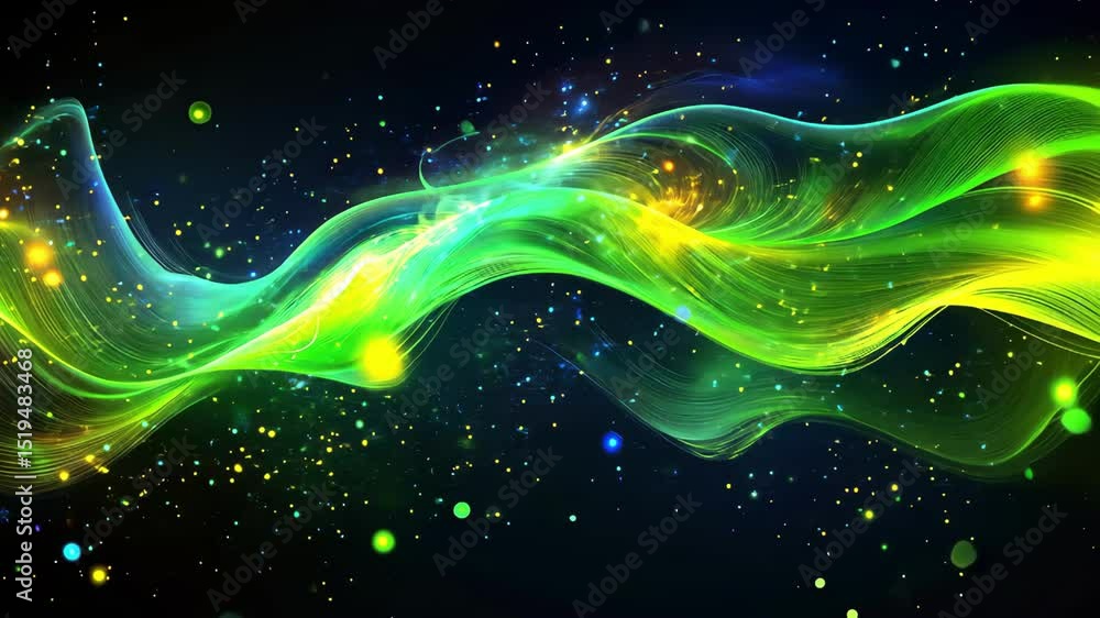 Poster abstract background with flowing green energy, light particles, glowing effect, and colorful design 