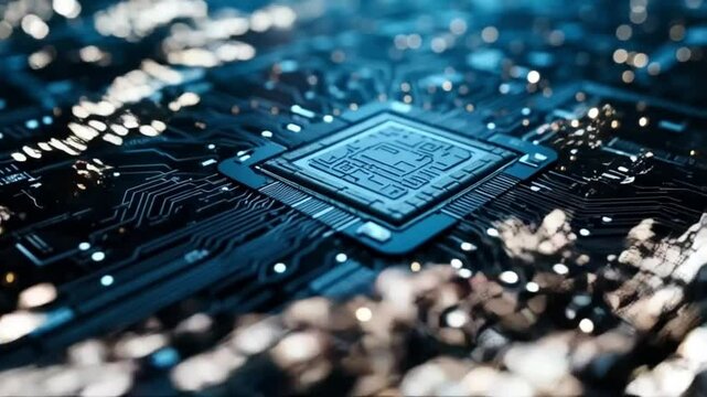 Close up view of a blue computer chip with intricate circuit patterns and blurred light effects background texture video